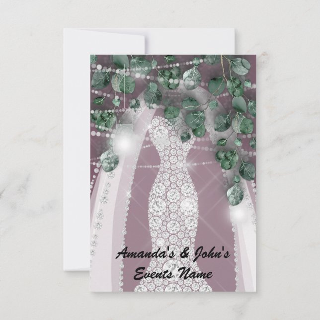 Wedding Lights Rustic Green Dress Diamond Violet Invitation (Back)