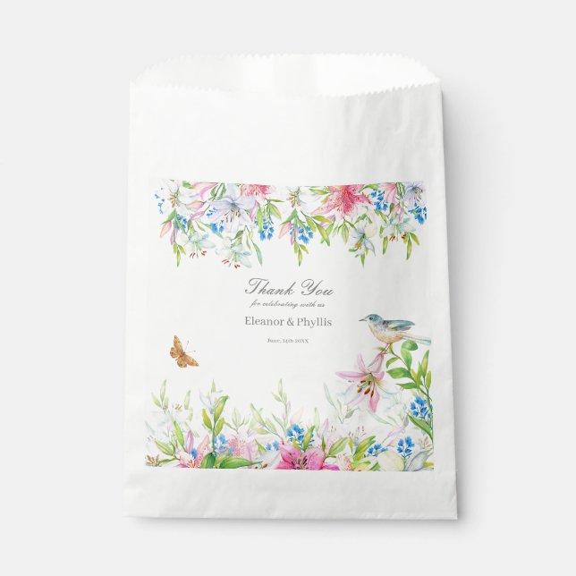Wedding.Lilies and Birds Watercolor Wedding Favour Bag (Front)