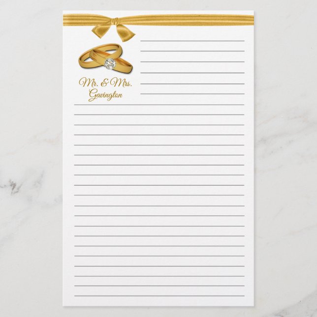 Wedding Lined Gold Bands with Gold Ribbon Stationery (Front)