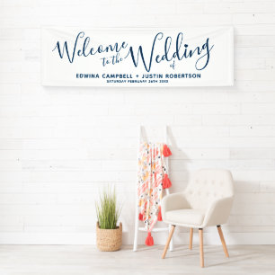 Wedding little heart blue text on white welcome banner
