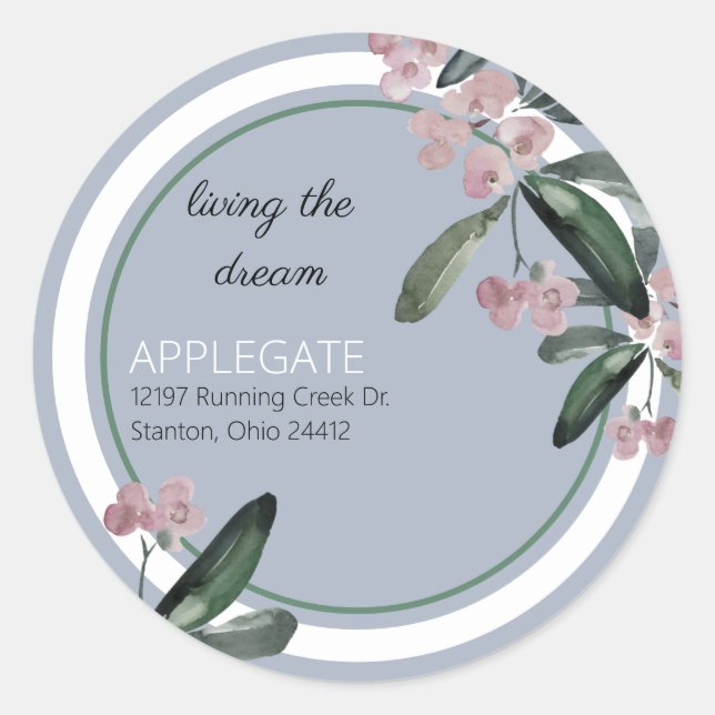 Wedding Living the Dream Plum Foliage Address Classic Round Sticker (Front)