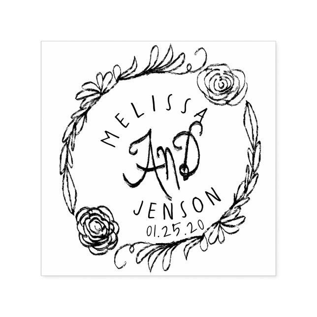 Wedding Logo Roses Greenery Wreath Hand Drawn Self-inking Stamp (Design)