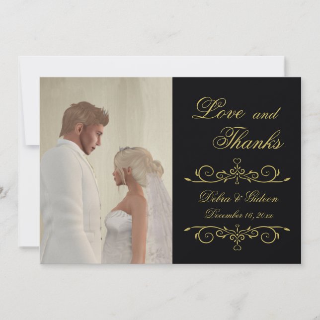 Wedding Love and Thanks Black Gold Photo Thank You Card (Front)