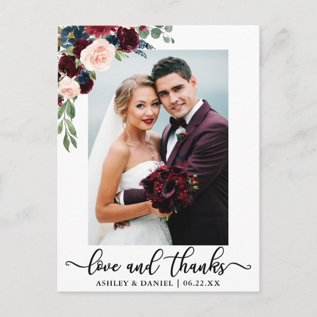 Wedding Love and Thanks Burgundy Blue Floral Postcard (Front)