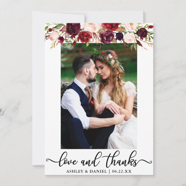 Wedding Love and Thanks Burgundy Floral Photo Thank You Card (Front)