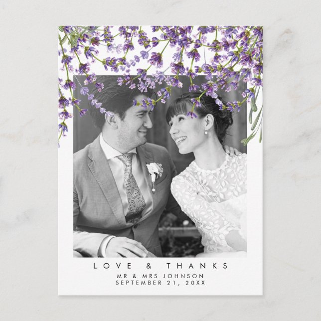 wedding love and thanks photo postcard lavender (Front)