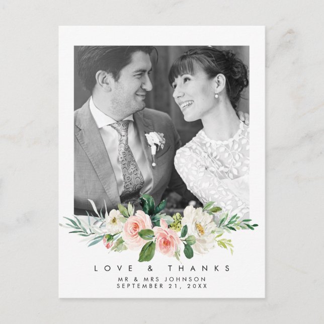 wedding love and thanks photo postcard pink floral (Front)