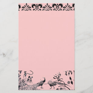 WEDDING LOVE BIRDS black and pink damask Stationery