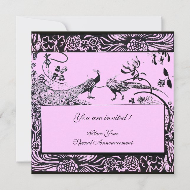 WEDDING LOVE BIRDS ,black and white ,pink Invitation (Front)
