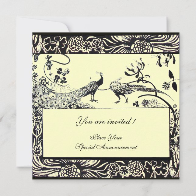 WEDDING LOVE BIRDS ,black and white ,yellow Invitation (Front)