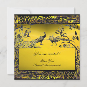 WEDDING LOVE BIRDS ,black and white ,yellow Invitation