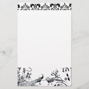 WEDDING LOVE BIRDS Black White Peacocks Damask Stationery