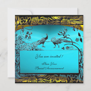 WEDDING LOVE BIRDS ,black ,white ,yellow aqua blue Invitation
