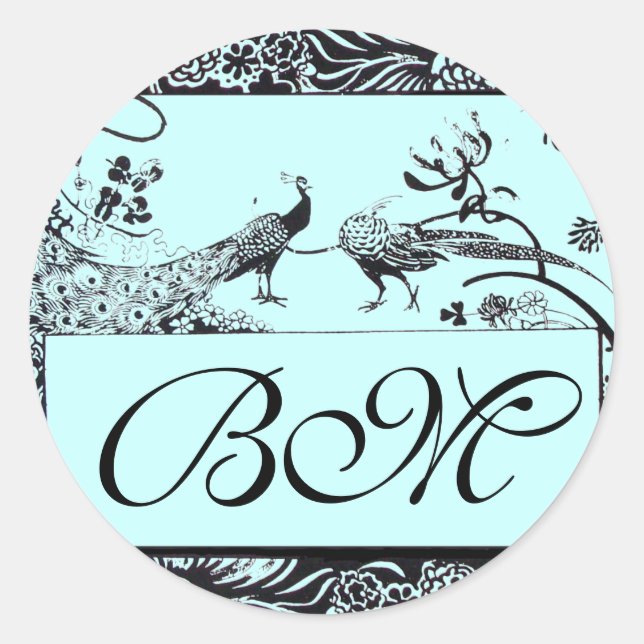 WEDDING LOVE BIRDS MONOGRAM ,black and white blue Classic Round Sticker (Front)