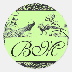 WEDDING LOVE BIRDS MONOGRAM ,black and white green Classic Round Sticker
