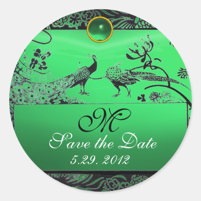 WEDDING LOVE BIRDS MONOGRAM black and white green Classic Round Sticker (Front)