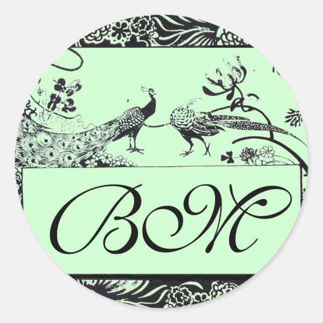 WEDDING LOVE BIRDS MONOGRAM ,black and white green Classic Round Sticker (Front)