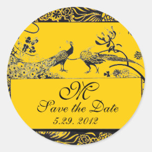 WEDDING LOVE BIRDS MONOGRAM black and white yellow Classic Round Sticker