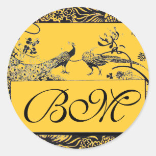 WEDDING LOVE BIRDS MONOGRAM black and white yellow Classic Round Sticker