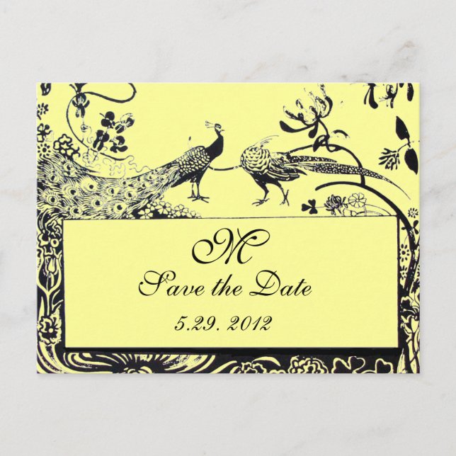 WEDDING LOVE BIRDS MONOGRAM black and white yellow Postcard (Front)