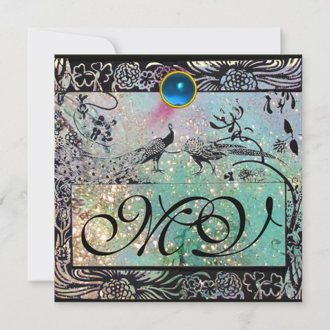 WEDDING LOVE BIRDS MONOGRAM Black Aqua Blue Floral Invitation (Front)