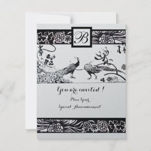 WEDDING LOVE BIRDS MONOGRAM, Black Silver Metallic Invitation