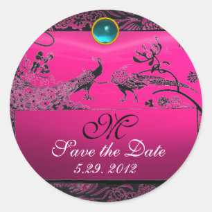 WEDDING LOVE BIRDS MONOGRAM black white red pink Classic Round Sticker