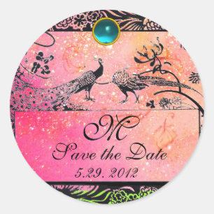 WEDDING LOVE BIRDS MONOGRAM black white red pink Classic Round Sticker