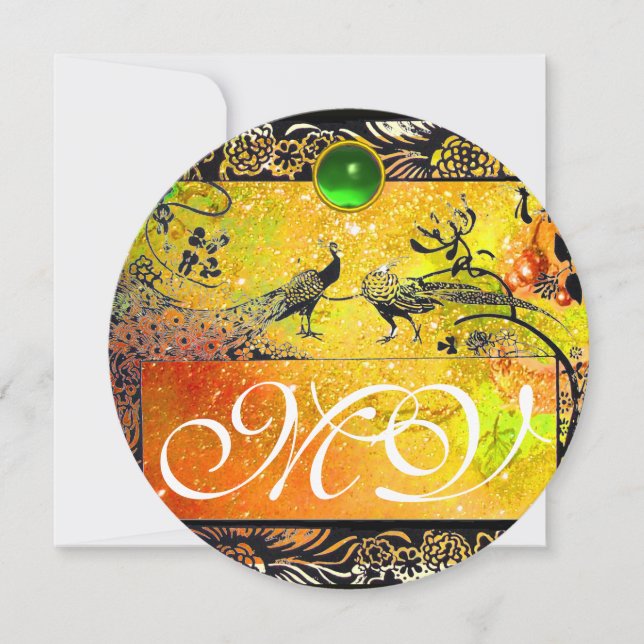 WEDDING LOVE BIRDS MONOGRAM black yellow emerald Announcement (Front)