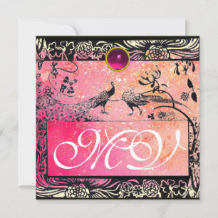 WEDDING LOVE BIRDS MONOGRAM black yellow pink ruby Announcement