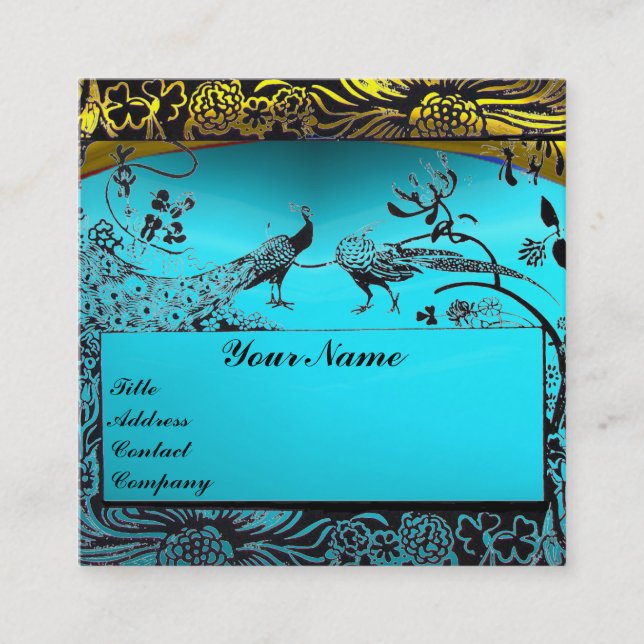WEDDING LOVE BIRDS MONOGRAM Gold Turquoise Blue Square Business Card (Front)