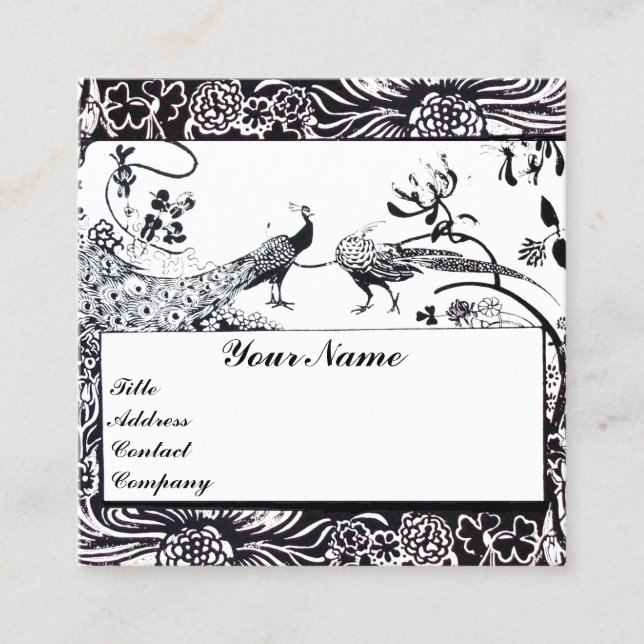 WEDDING LOVE BIRDS/ PEACOCKS MONOGRAM Black White Square Business Card (Front)