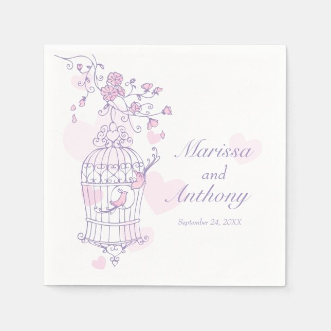 Wedding love birds purple pink paper napkins (Front)