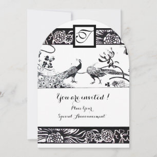 WEDDING LOVE BIRDS SQUARE MONOGRAM Black,White Invitation