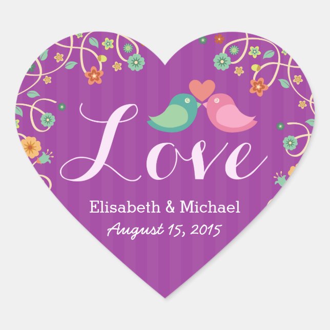 Wedding Love Heart Purple Swirl Floral Love Birds Sticker (Front)