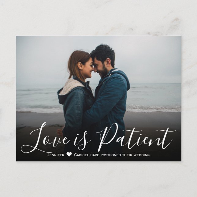 Wedding Love is Patient Postponed Simple Photo Announcement Postcard (Front)