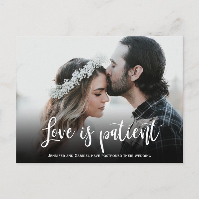 Wedding Love is Patient Postponed Simple Photo Announcement Postcard (Front)