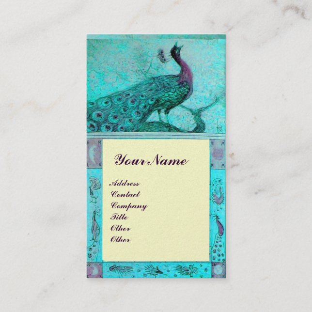 WEDDING LOVE PEACOCK MONOGRAM Aqua Blue Ivory Business Card (Front)