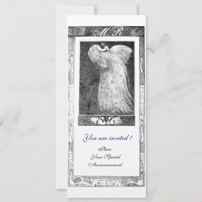 WEDDING LOVE PEACOCK MONOGRAM ,Black White Silver Invitation (Front)