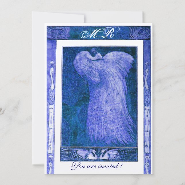 WEDDING LOVE PEACOCK MONOGRAM ,blue champagne Invitation (Front)