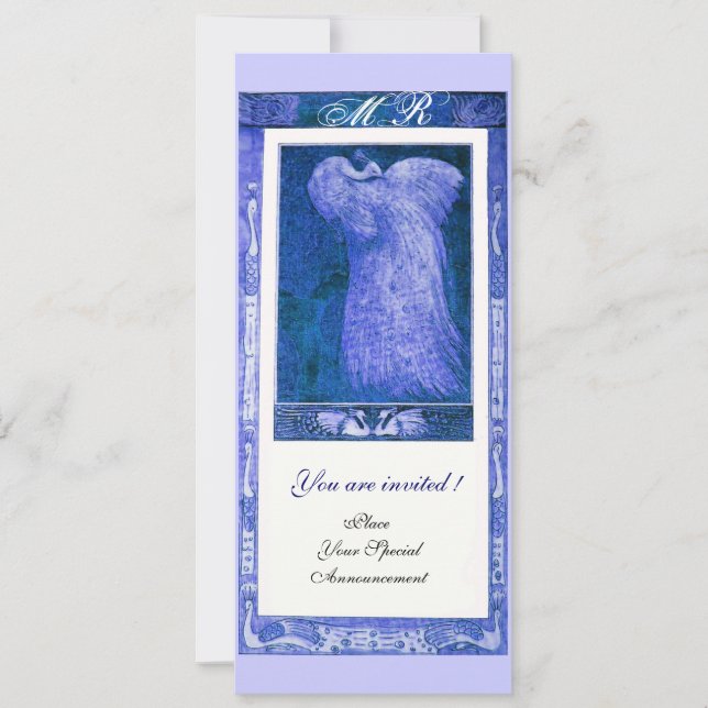 WEDDING LOVE PEACOCK MONOGRAM ,blue white Invitation (Front)