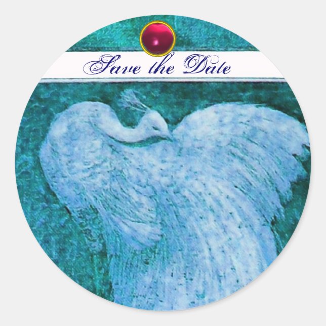 WEDDING LOVE PEACOCK white ,blue pink red ruby Classic Round Sticker (Front)