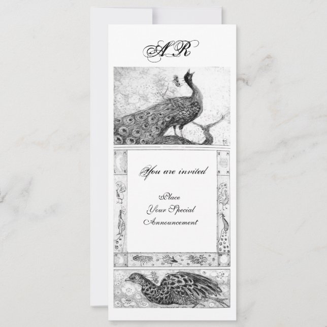 WEDDING LOVE PEACOCKS MONOGRAM black white Invitation (Front)