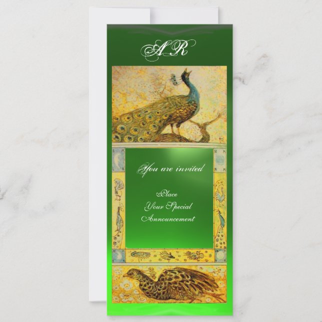 WEDDING LOVE PEACOCKS MONOGRAM ,brown green yellow Invitation (Front)