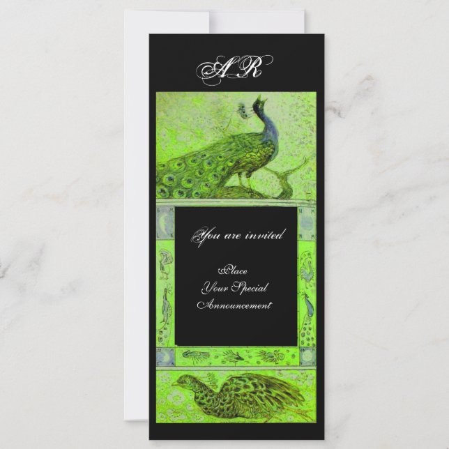 WEDDING LOVE PEACOCKS MONOGRAM green black Invitation (Front)