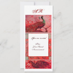WEDDING LOVE PEACOCKS MONOGRAM red white Invitation