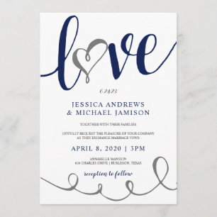 Wedding Love Script Navy Blue & Grey Heart Invitation