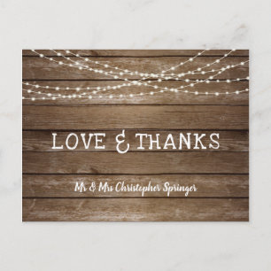 Wedding LOVE & THANKS Rustic Wood String Lights Postcard