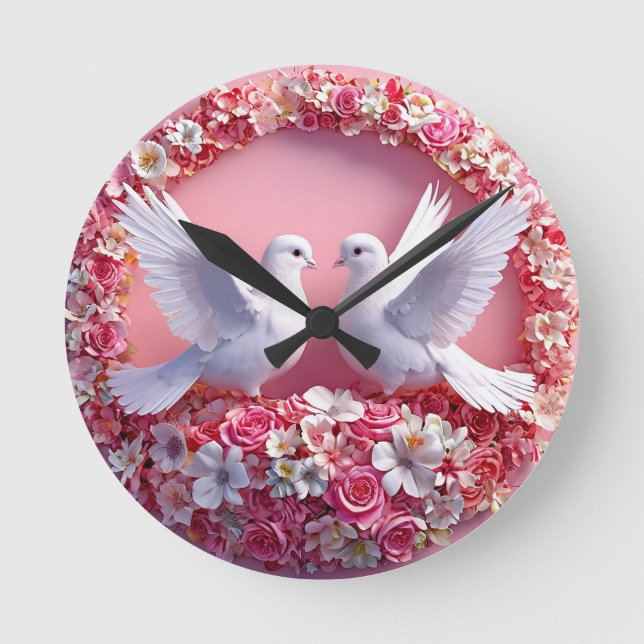 Wedding Love White Doves Romantic Round Clock (Front)