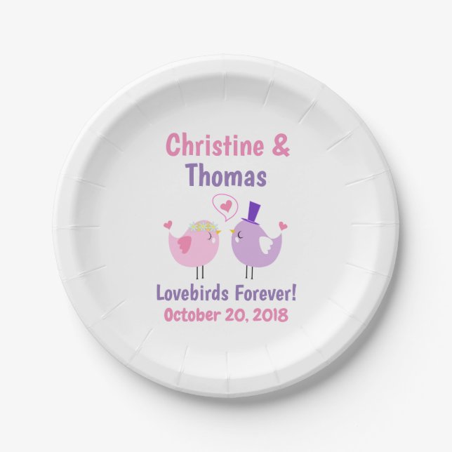 Wedding Lovebirds Cute Pink Purple Paper Plate (Front)
